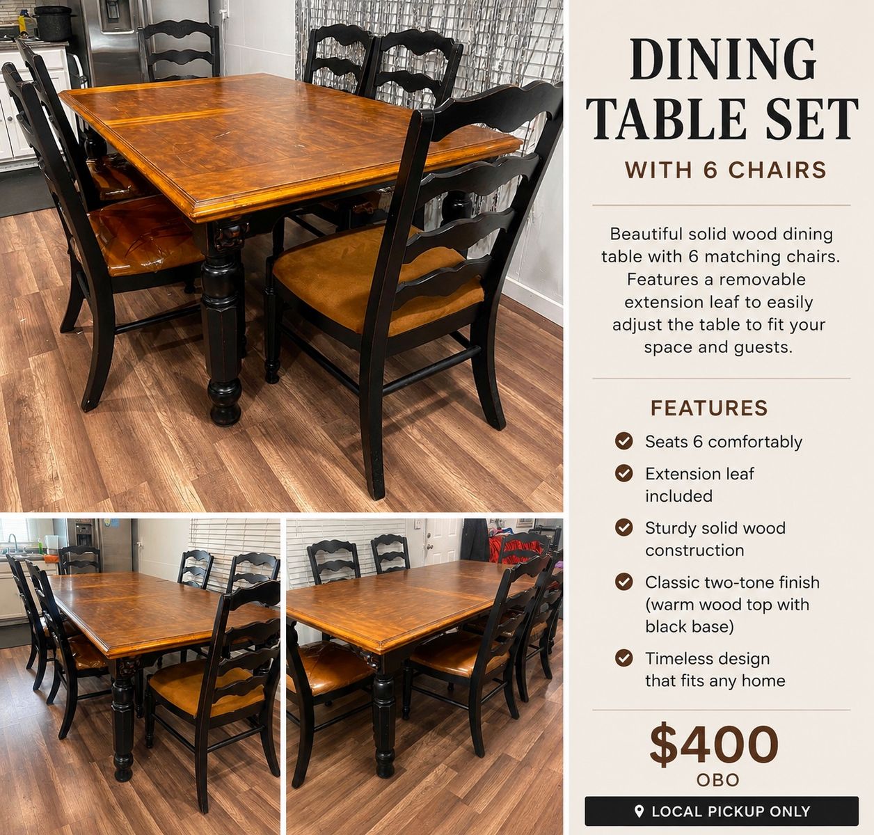 Dining Table with 6 Chairs & Extension Leaf