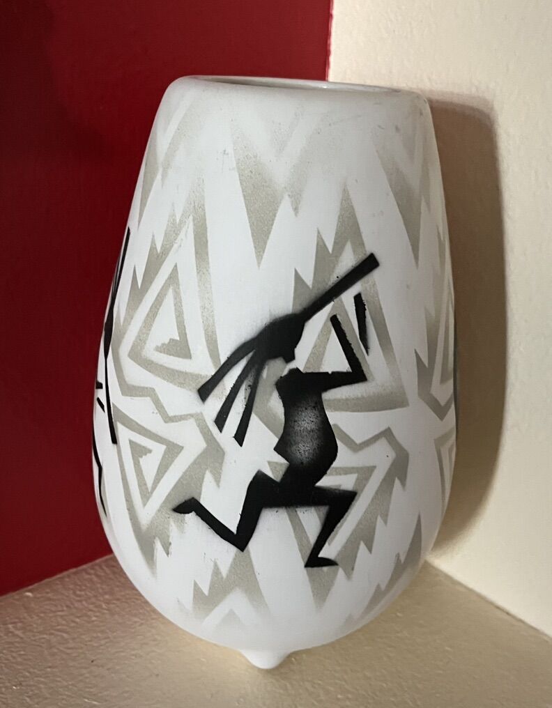 Signed Native Ametican Kokopelli White-Black Vase