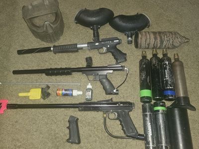 Vintage Paintball Gun Lot: Tippmann SL-68 II, Tippmann 68 Special, and phantom pump Viewloader Hoppers, Tanks & Gear