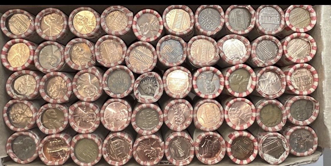 Full Box of Rolled US Pennies - Wheat Cents Indian Cents & Lincoln Cents Coin Lot