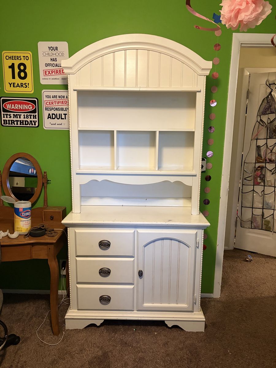 Heavy White Hutch with Shelves, Drawers, and Cabinet Storage