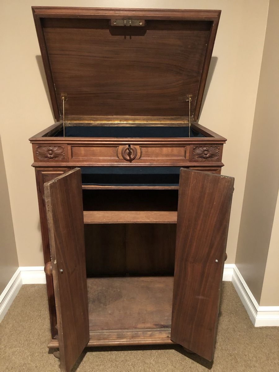 Vintage Hand-Carved Wooden Cabinet with Green Velvet Lined Storage and Shelves