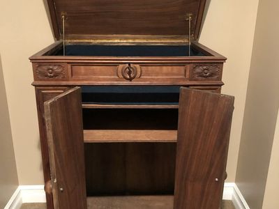 Vintage Hand-Carved Wooden Cabinet with Green Velvet Lined Storage and Shelves
