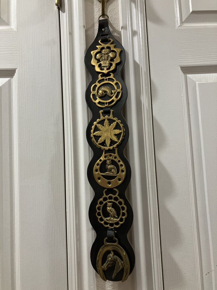 Vintage English Leather and Brass Wall Hanging