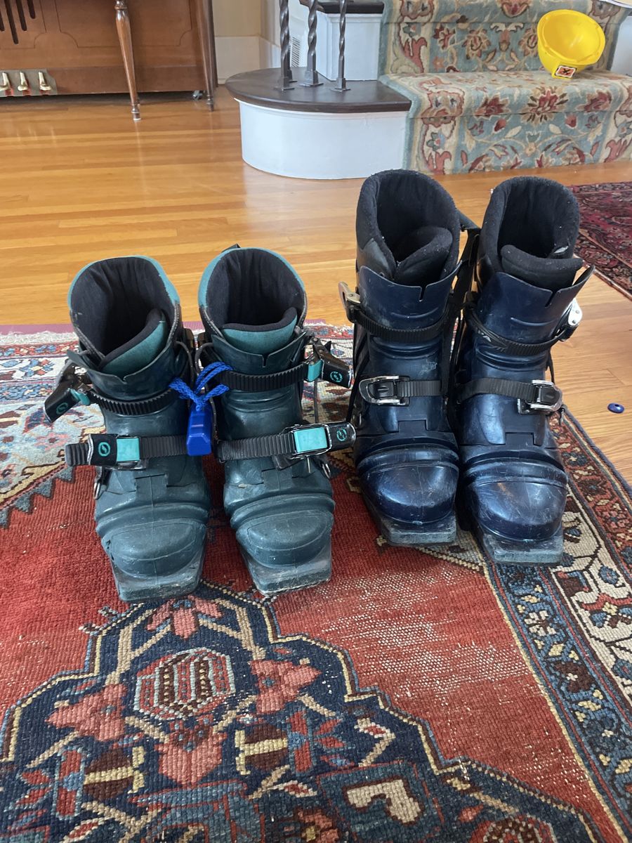 Two old pairs of telemark boots