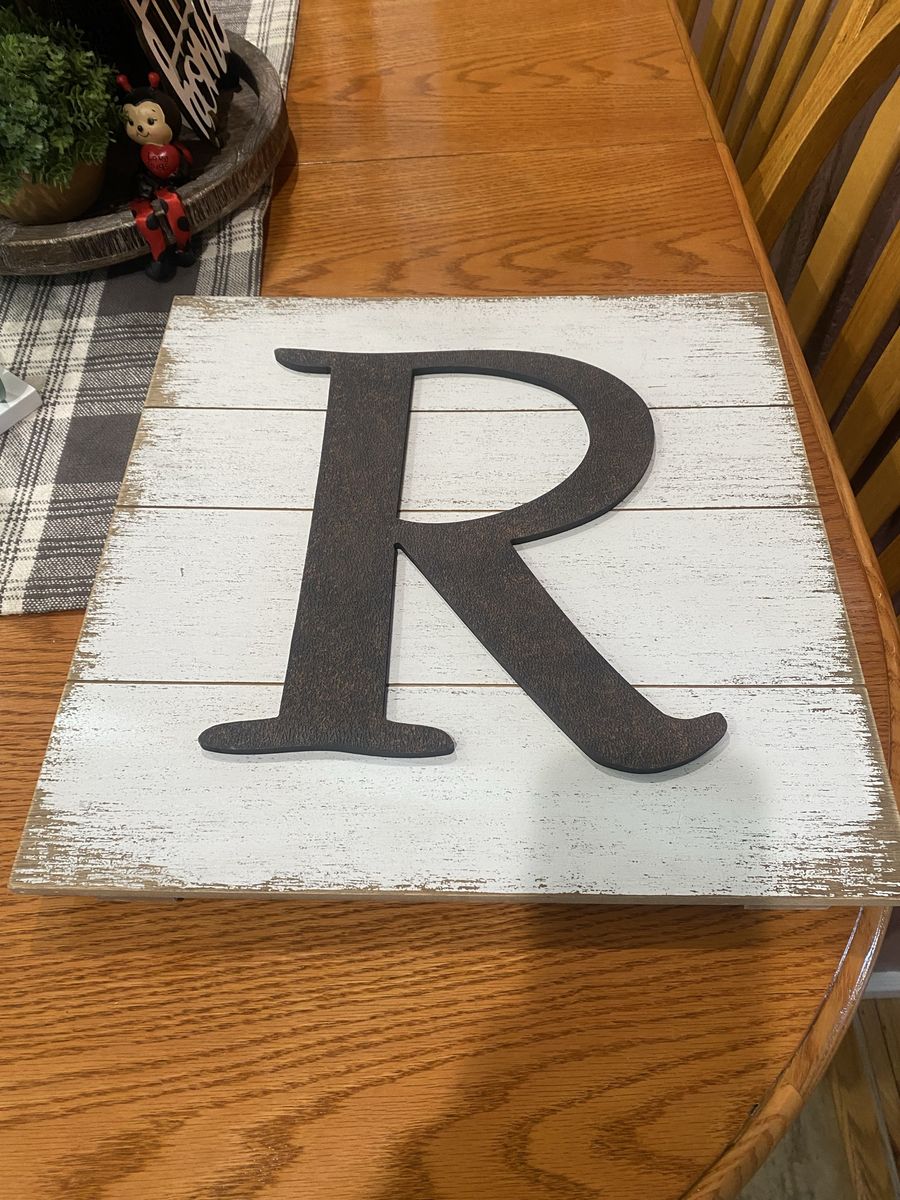 Rustic White Washed Wood Sign with Initial "R" - Farmhouse Decor