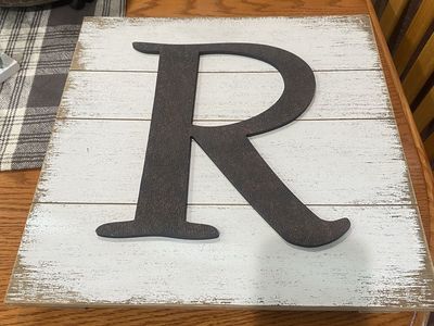 Rustic White Washed Wood Sign with Initial "R" - Farmhouse Decor
