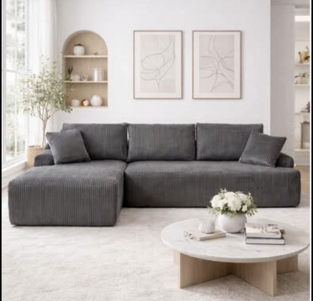 NEW 96” gray Velvet sectional sofa corduroy cloud