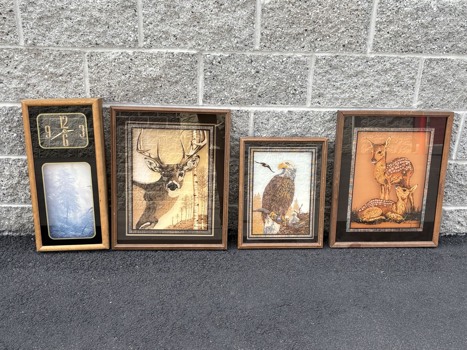 Vintage reverse glass shadowbox art prints, Deer, Buck, Doe and fawn. Eagle. Forest clock 