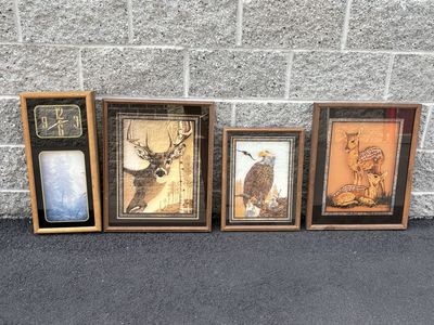 Vintage reverse glass shadowbox art prints, Deer, Buck, Doe and fawn. Eagle. Forest clock