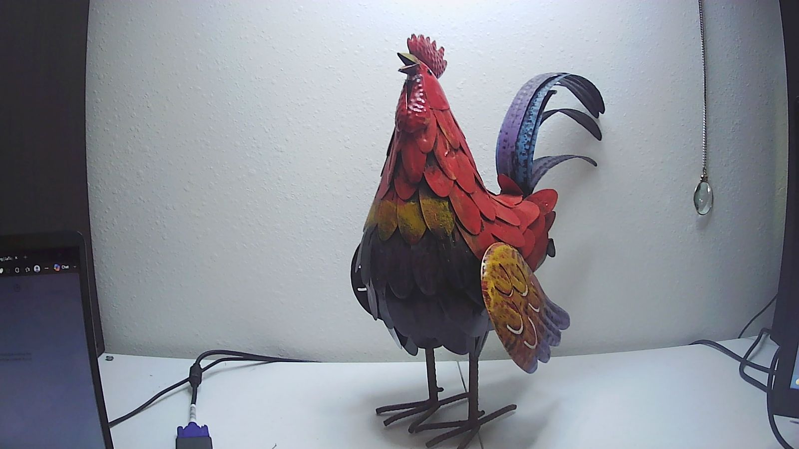 Colorful Painted Metal Crowing Rooster Statue 16” tall