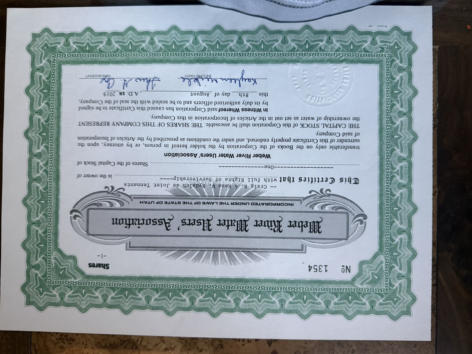Weber River Water Users' Association Stock Certificate 2019 - Water Ownership Shares