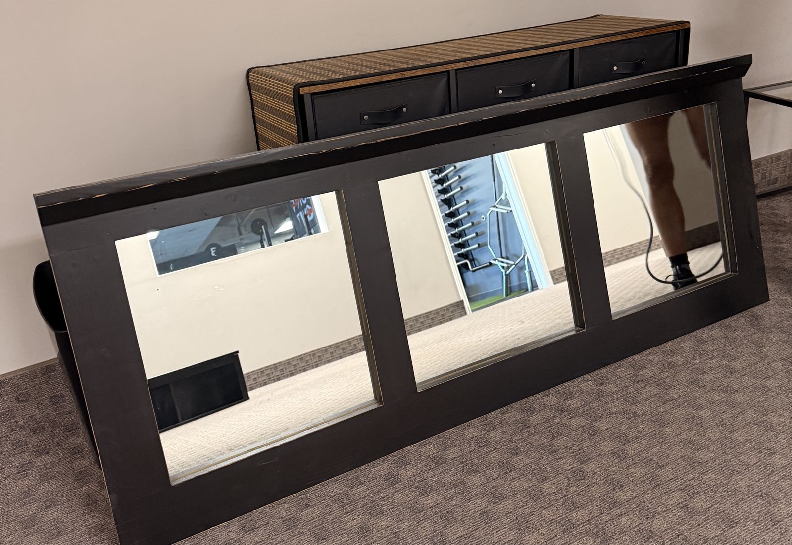 Large Black Wood Framed Triple Panel Wall Mirror 72" x 30"