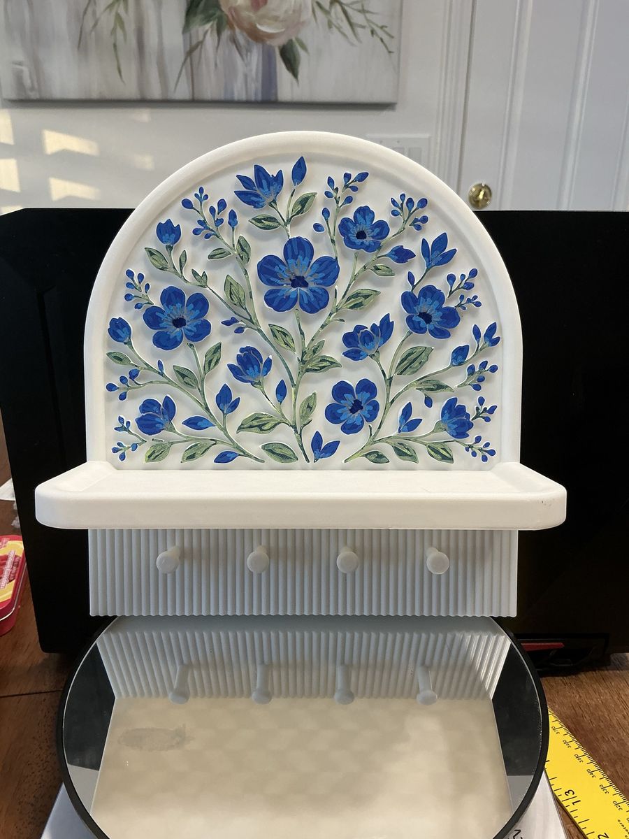 Decorative Wall-Mounted Key Holder with Blue Floral Design and Shelf, White
