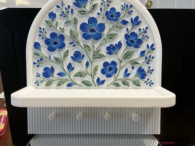 Decorative Wall-Mounted Key Holder with Blue Floral Design and Shelf, White