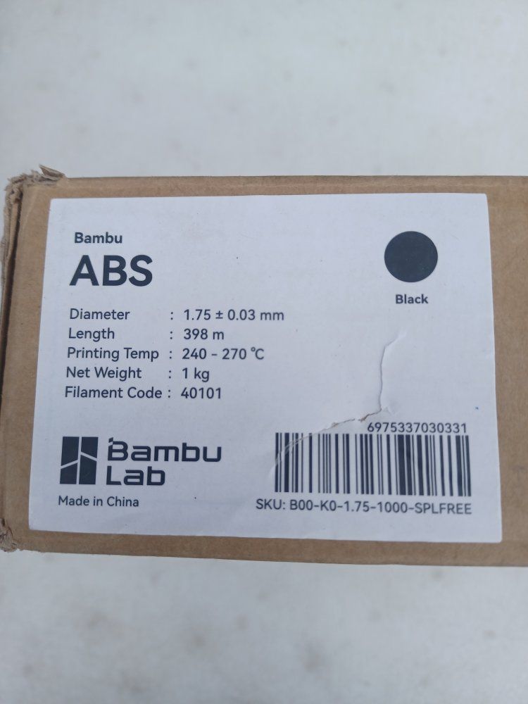 Bambu Lab ABS 1.75mm Black 1kg 3D Printer Filament - 398m Length, 240-270°C Temp
