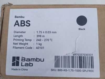 Bambu Lab ABS 1.75mm Black 1kg 3D Printer Filament - 398m Length, 240-270°C Temp