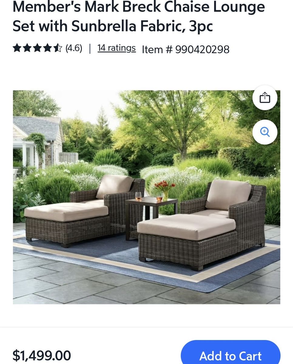 Member's Mark Breck Chaise Lounge Set, 3-Piece Patio Furniture with Sunbrella Fabric