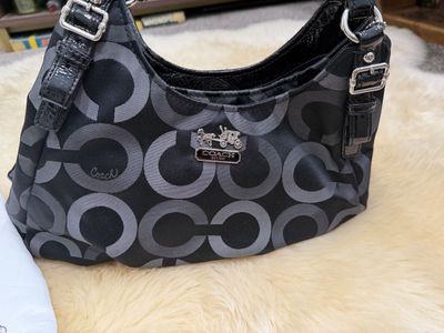 AUTHENTIC Near Mint/NOS COACH C-1276-20244 Madison Tote Black Patent Leather Canvas Blue Sateen Interior ~