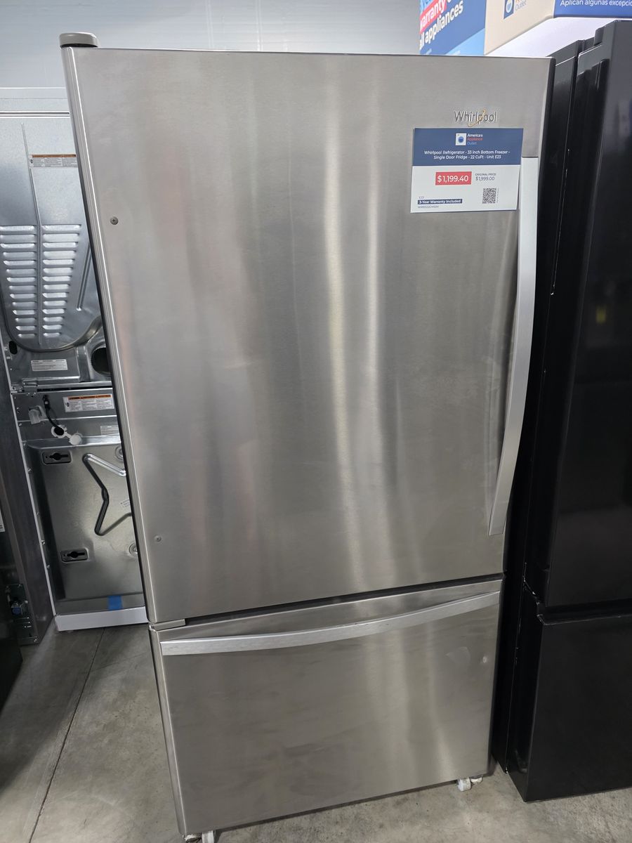 Whirlpool 33 Inch Bottom Freezer Refrigerator — 22 Cu Ft Stainless, Brand New with Warranty