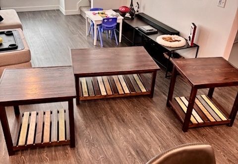 Rustic Wood Living Room Table Set - Coffee Table & 2 End Tables with Slatted Shelves