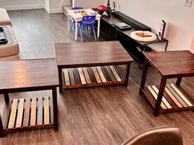 Rustic Wood Living Room Table Set - Coffee Table & 2 End Tables with Slatted Shelves