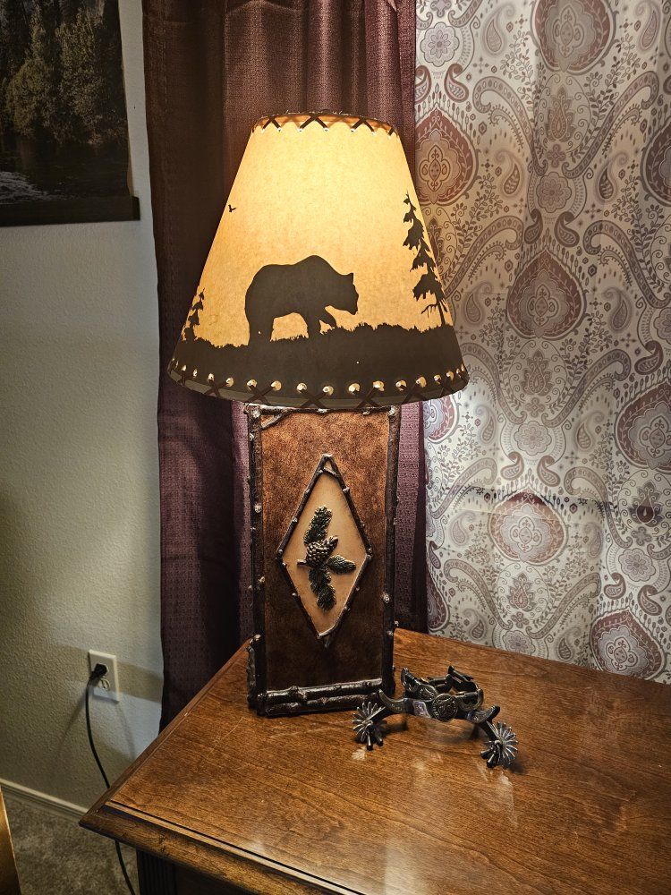 Rustic Bear & Pinecone Table Lamp with Laced Silhouette Shade