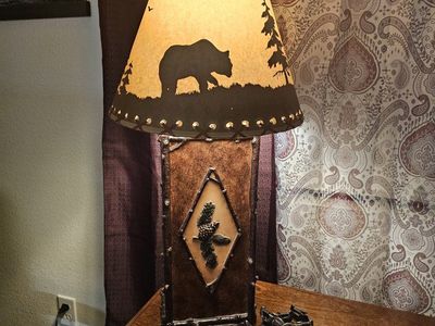 Rustic Bear & Pinecone Table Lamp with Laced Silhouette Shade