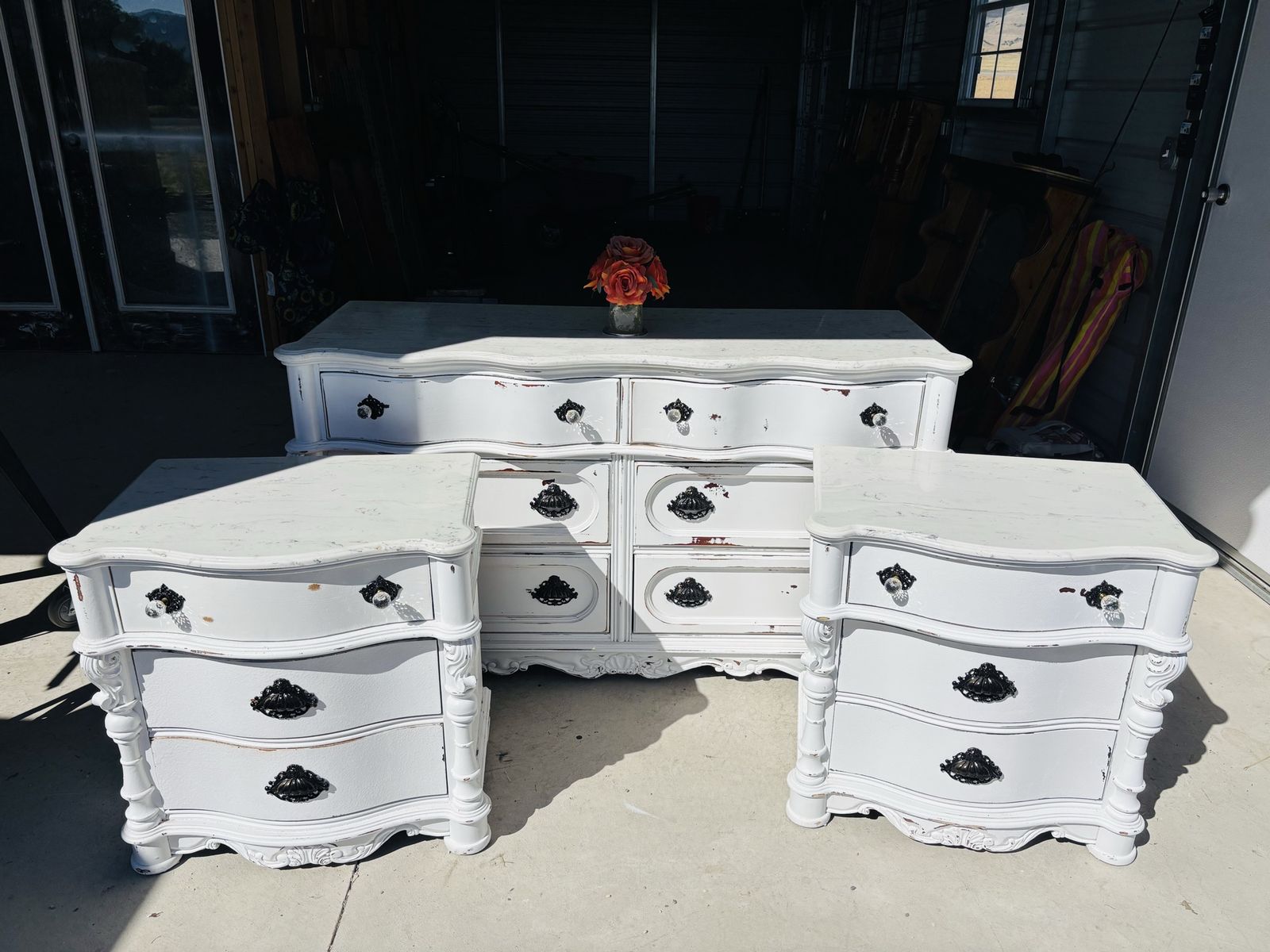 Shabby Chic White Distressed Wood Dresser & Nightstands Set - Elegant Bedroom Furniture