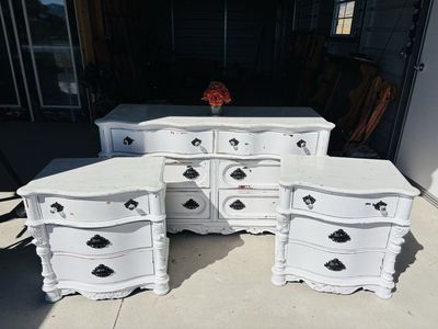 Shabby Chic White Distressed Wood Dresser & Nightstands Set - Elegant Bedroom Furniture