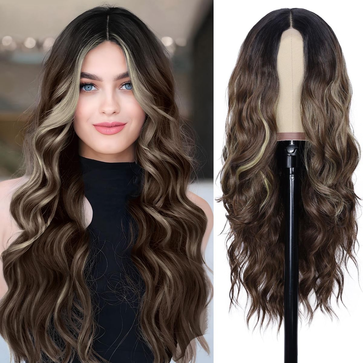 NAYOO Long Brown Mixed Blonde Wavy Wig for Women 26 Inch Middle Part Lace Hairline Curly Wavy Wig Natural Looking Synthetic Heat