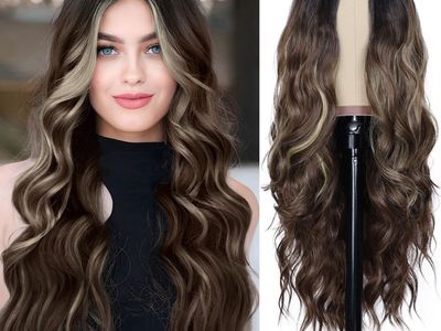 NAYOO Long Brown Mixed Blonde Wavy Wig for Women 26 Inch Middle Part Lace Hairline Curly Wavy Wig Natural Looking Synthetic Heat