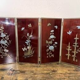 4 PANEL SET VINTAGE = KOREAN WOOD ART PLAQUES with silver and brass metal inlay