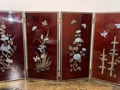 4 PANEL SET VINTAGE = KOREAN WOOD ART PLAQUES with silver and brass metal inlay