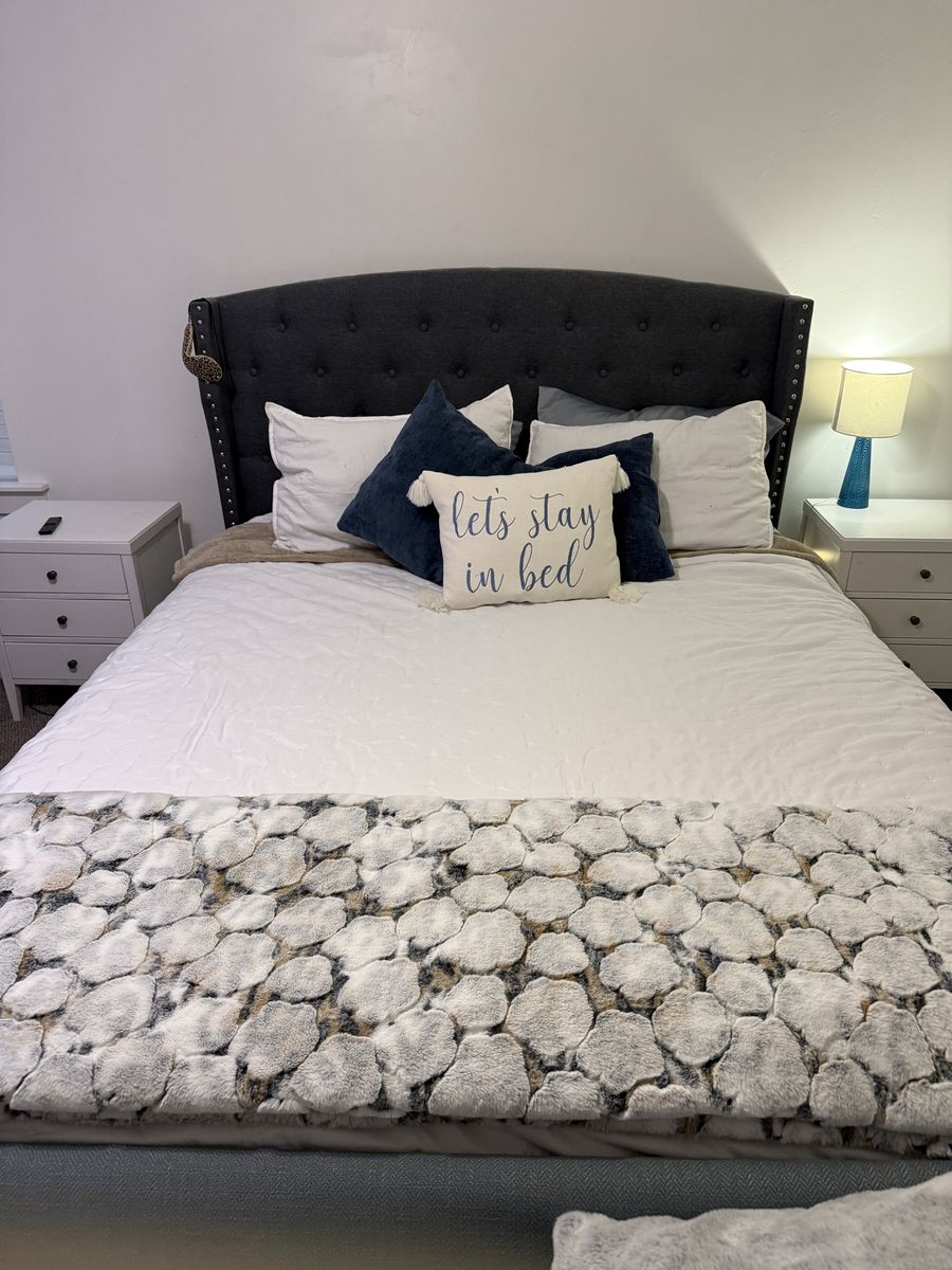 DreamCloud Queen Mattress & Upholstered Bed Frame - Dark Gray Tufted Headboard
