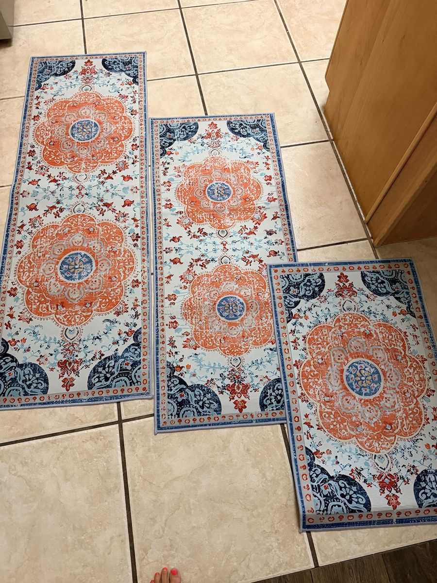 Bohemian Orange and Blue Runner Rug Set of 3