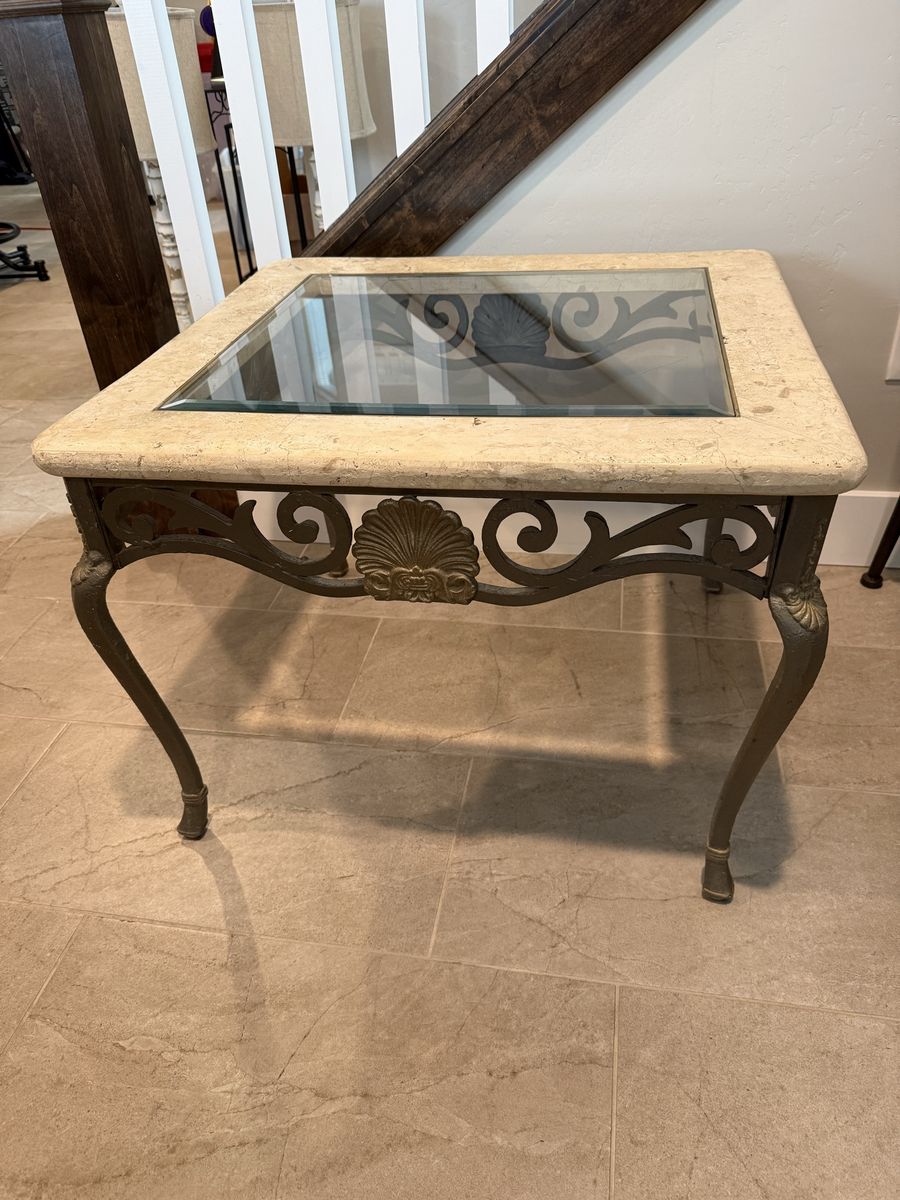 Ornate Stone and Glass Top Side Table with Wrought Metal Base