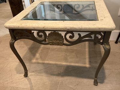 Ornate Stone and Glass Top Side Table with Wrought Metal Base