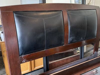 King Size Wood Headboard with Faux Leather Panels - Dark Brown Bed Frame Parts