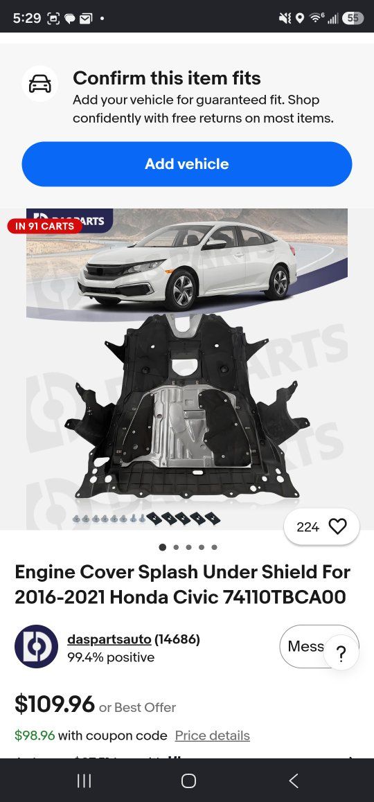 Engine Cover Splash Under Shield for 2016-2021 Honda Civic, 74110TBCA00