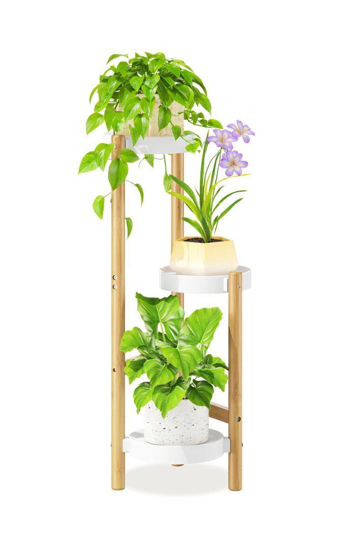 New Bamboo White 3 Tier Heavy Duty Plant Stand Indoor, Tall Multiple Level Vertical Planter Rack