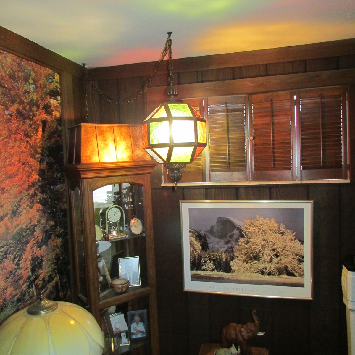 Vintage Mid Century Stained Glass Swag Lamp Hanging Geometric Globe Light