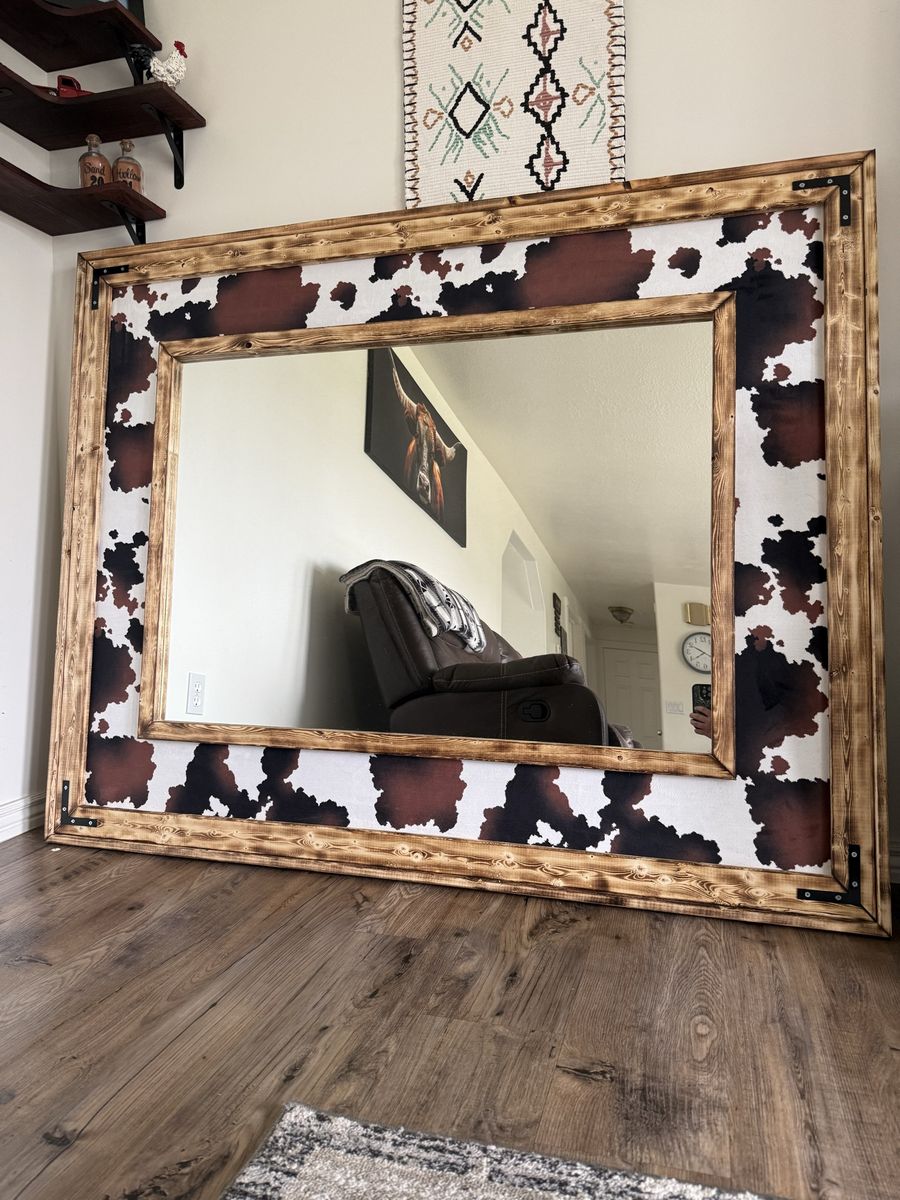 Large Western Cow Print Mirror with Wood Frame