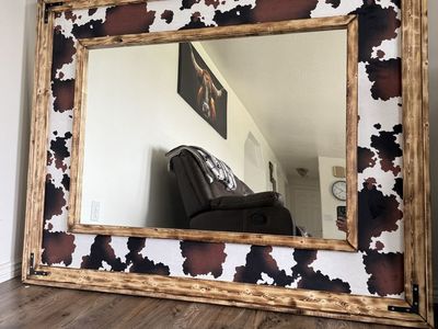 Large Western Cow Print Mirror with Wood Frame