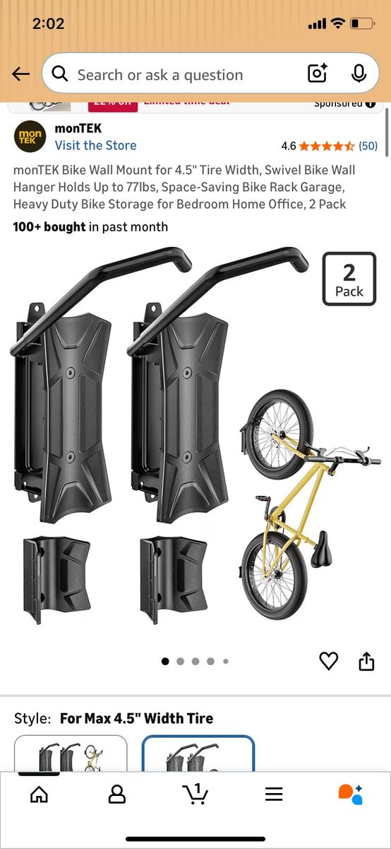 UNOPENED monTEK Bike Wall Mount Hanger - 2 Pack, Swivel, Heavy-Duty, 77lb Capacity, for 4.5" Tire Width