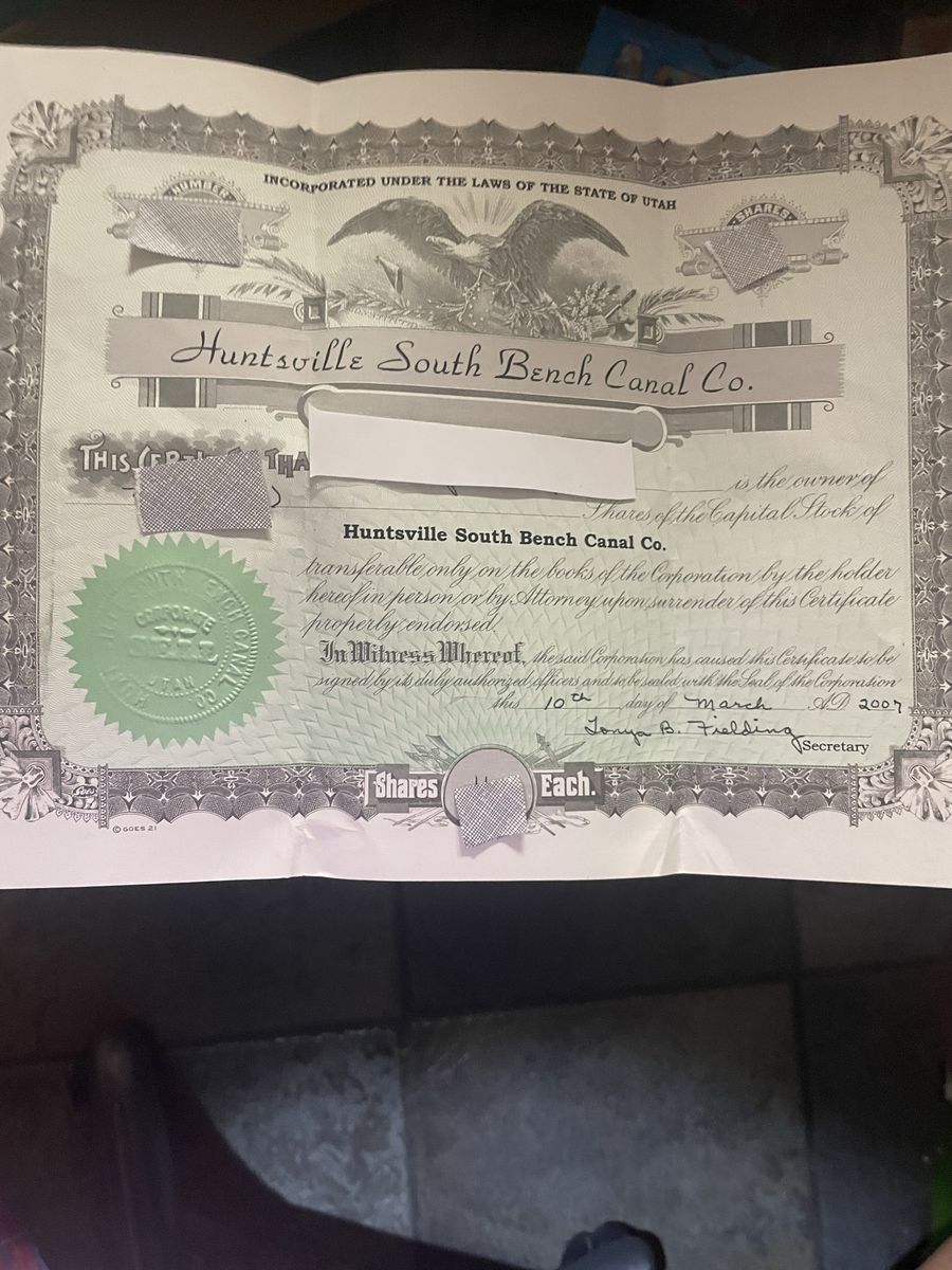 Huntsville South Bench Canal Co. Stock Certificate 3 shares 30,000 each