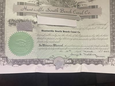 Huntsville South Bench Canal Co. Stock Certificate 3 shares 30,000 each