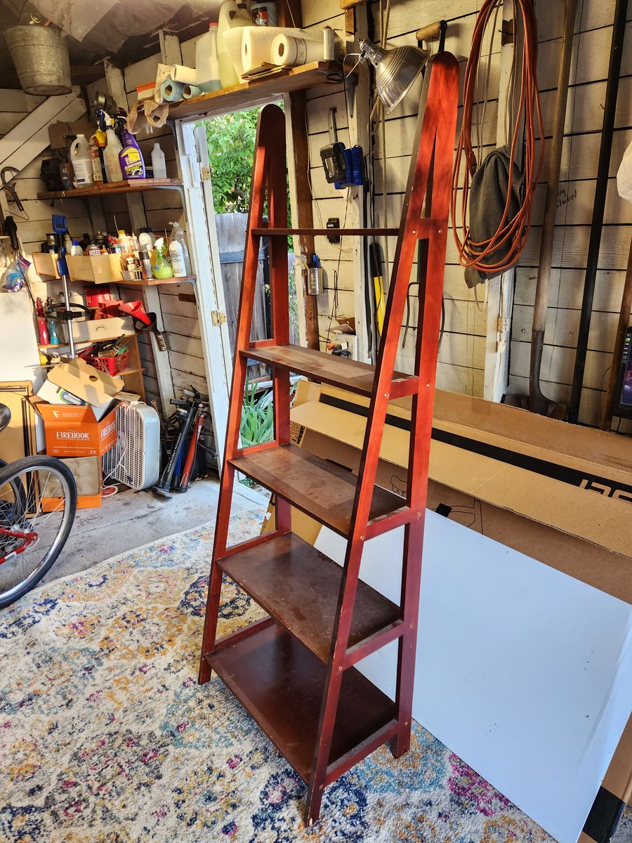 Wood shelving, plant stand, 5 shelves almost 6 feet tall