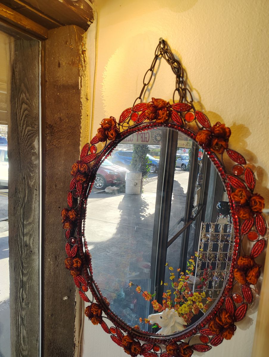 Oval Mirror _ frame with beads ( NEW ) red with some orange