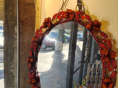 Oval Mirror _ frame with beads ( NEW ) red with some orange